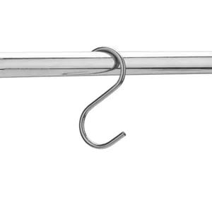 Durable stainless steel S-hook for hanging kitchen utensils and towels on a single pole rack.