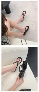 Detailansicht schwarzer Zehentrenner-Sandalen mit quadratischer Spitze und hohem Absatz.