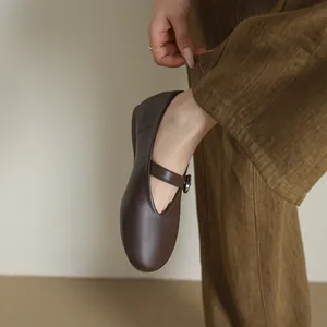 Vintage dark brown round toe flat Mary Jane ballet shoes with an elegant adjustable strap