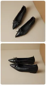 Dettaglio di ballerine nere a punta con elegante fiocco e finitura in pelle liscia