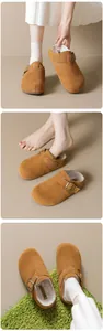 Three-view detail showing plush lining and suede texture of women's brown clogs.