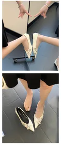Detailed macro view of elegant cream pointed-toe flats featuring double silver buckles