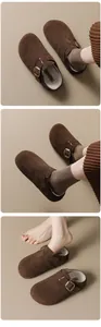 Three-panel detail view of brown suede platform clogs with warm fleece lining and buckle