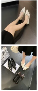 Detailed view of French-style pointed-toe flats with stylish belt buckle decorative accents