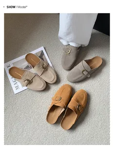 Detailed view of platform leather buckle mules in three earth-tone colors.