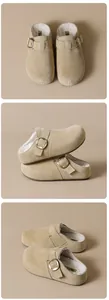 Multiple views of beige fur-lined platform clogs with adjustable buckles.