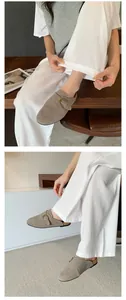 Elegant taupe suede leather mules with metal buckle and thick sole for women