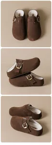 Detailed views of brown suede clogs with warm fleece lining and adjustable buckles for winter