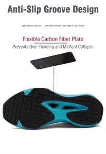 Makroansicht der tiefen Profilsohle und der flexiblen Carbonplatte des Rennschuhs.