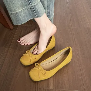 French style yellow ballet flats with bow and inner heightened sole for women