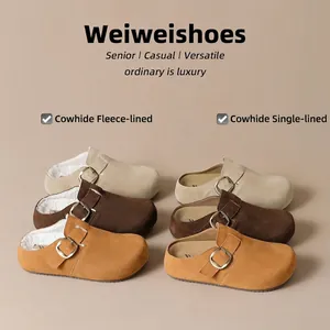 Women Suede Buckle Clogs Thick Sole Hidden Wedge Slippers Fleece Lined Round Toe Outdoor Autumn Winter Retro Casual Mules