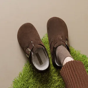 Stylish brown suede clogs with warm fur lining and metal buckle for women autumn