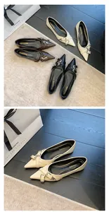 Detailed view of elegant French style pointed-toe flats with metal buckle accents