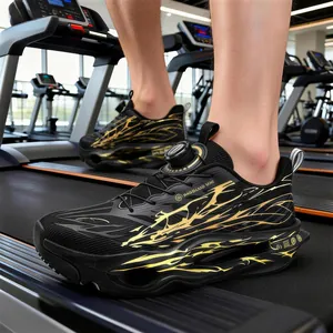 Comfortable cushioning running shoes with gold flame patterns and dial lacing system