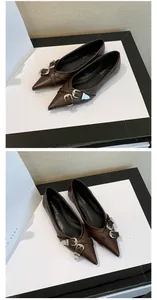 Close-up view of dark brown pointed-toe flat shoes featuring silver metal buckles