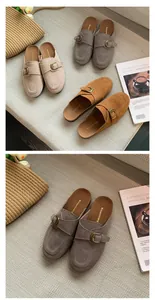 High-quality close-up detail of suede mule slippers featuring an adjustable metal buckle strap