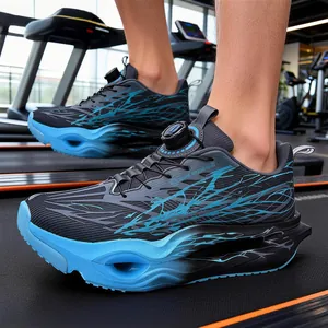 Men's and women's cushioning running shoes with quick lace dial in blue black gradient.