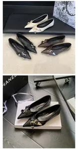 Detailed view of French-style pointed-toe flats with elegant metal belt buckle