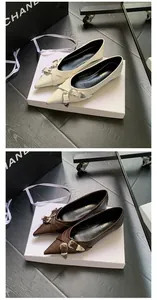Elegant French style pointed toe flat shoes with vintage buckle strap in off-white and brown
