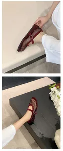 Elegant red rhinestone mesh Mary Jane flats featuring a hollow out fishnet design for women