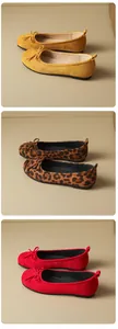 Detail view showing three styles of soft ballet flats: yellow, leopard, and red