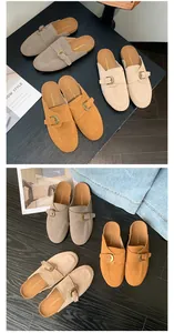 Detailed view of suede mule slippers with buckle strap in multiple colors