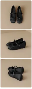 Vistas detalladas de zapatos Mary Jane de satén negro con lazo y correa elegante