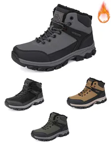 Men's waterproof winter hiking boots with warm fur lining in grey, black, khaki, and green colors.