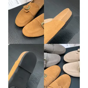 Women's suede platform mules with buckle strap casual slip-on slippers in multiple colors