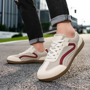 Men's leather German Army Trainer sneakers in beige and maroon with gum sole