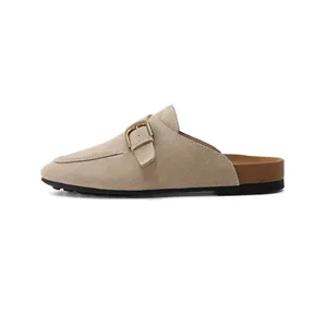 Classic beige suede leather buckle mule clog with a comfortable thick sole for women