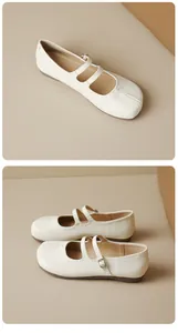 Détail des ballerines Mary Jane à bout fendu crème montrant la boucle et le design