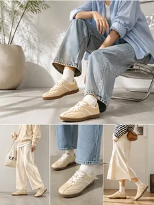 Collage di sneaker GAT in pelle crema abbinate a diversi outfit casual e stili diversi.