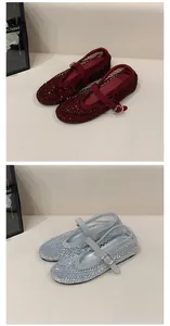 Detailed view of rhinestone mesh Mary Jane flat shoes in burgundy and silver options