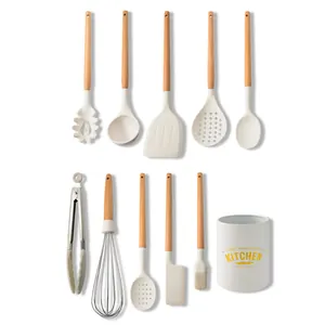 Set d'ustensiles de cuisine 12 pièces en silicone avec manches en bois et pot de rangement