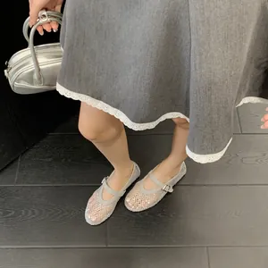 Silver rhinestone mesh Mary Jane ballet flats with hidden heel and ankle strap