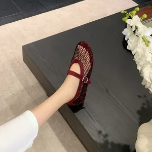 Elegant burgundy rhinestone mesh Mary Jane ballet flats with internal height increase.