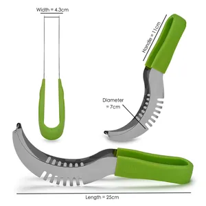 Stainless steel watermelon slicer with green handle and precise dimensions measurements