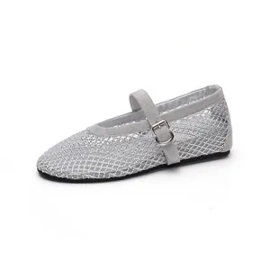 Elegant silver rhinestone mesh Mary Jane flats featuring a hollow out design and buckle strap