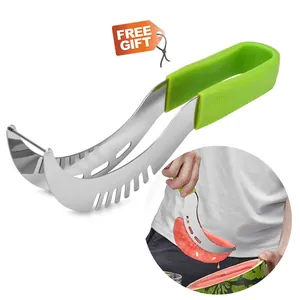 Premium stainless steel watermelon slicer and server tool with ergonomic green handle