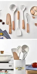 Juego de 5 mini utensilios de cocina de silicona con mangos de madera y un bote de almacenaje