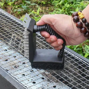 Duurzame 3-in-1 BBQ grill reinigingsborstel met schraper en staaldraad voor buiten koken