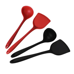 Hitzebeständiges Silikon-Spatel- und Schöpfkellen-Set in Rot und Schwarz für Pfannen