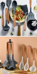 Premium 7-teiliges hitzebeständiges Silikon-Küchenhelfer-Set mit ergonomischen Echtholzgriffen