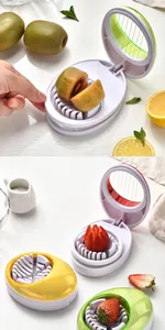 Close-up detail of a multi-functional ABS plastic slicer cutting kiwi and strawberries