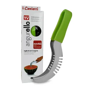 Stainless steel watermelon slicer and server tool with a green ergonomic plastic handle