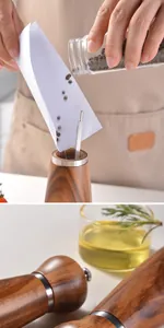 Macro view of acacia wood pepper grinder and refill process with natural wood texture