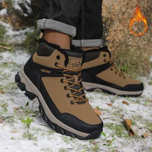 Professional men's winter warm outdoor hiking snow boots with fur lining in brown and black