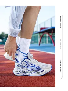 Macro view of white running shoes with blue lightning patterns and rotating buckle