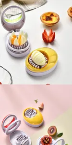 Action shot of 3-in-1 egg slicer cutting boiled eggs and strawberries precisely